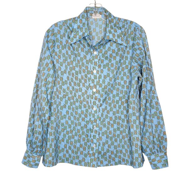 Vintage Pykettes Blouse Button Up L Blue Orange Dagger Collar Geometric Floral - Picture 1 of 5